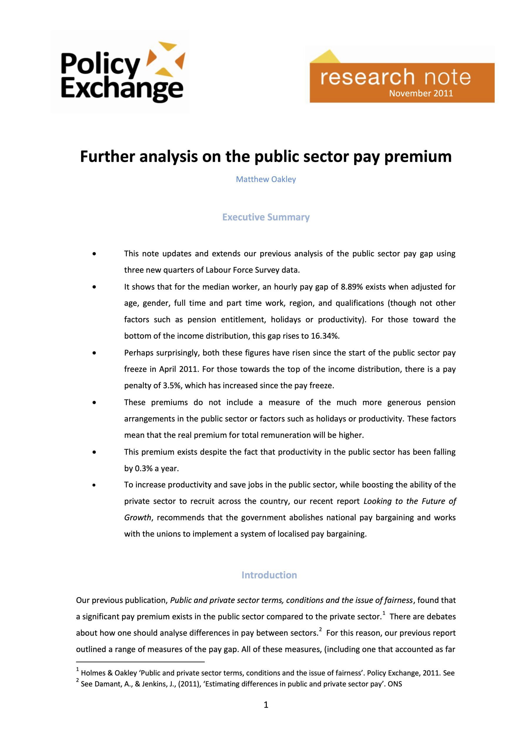 Policy Exchange Further analysis on the public sector pay premium