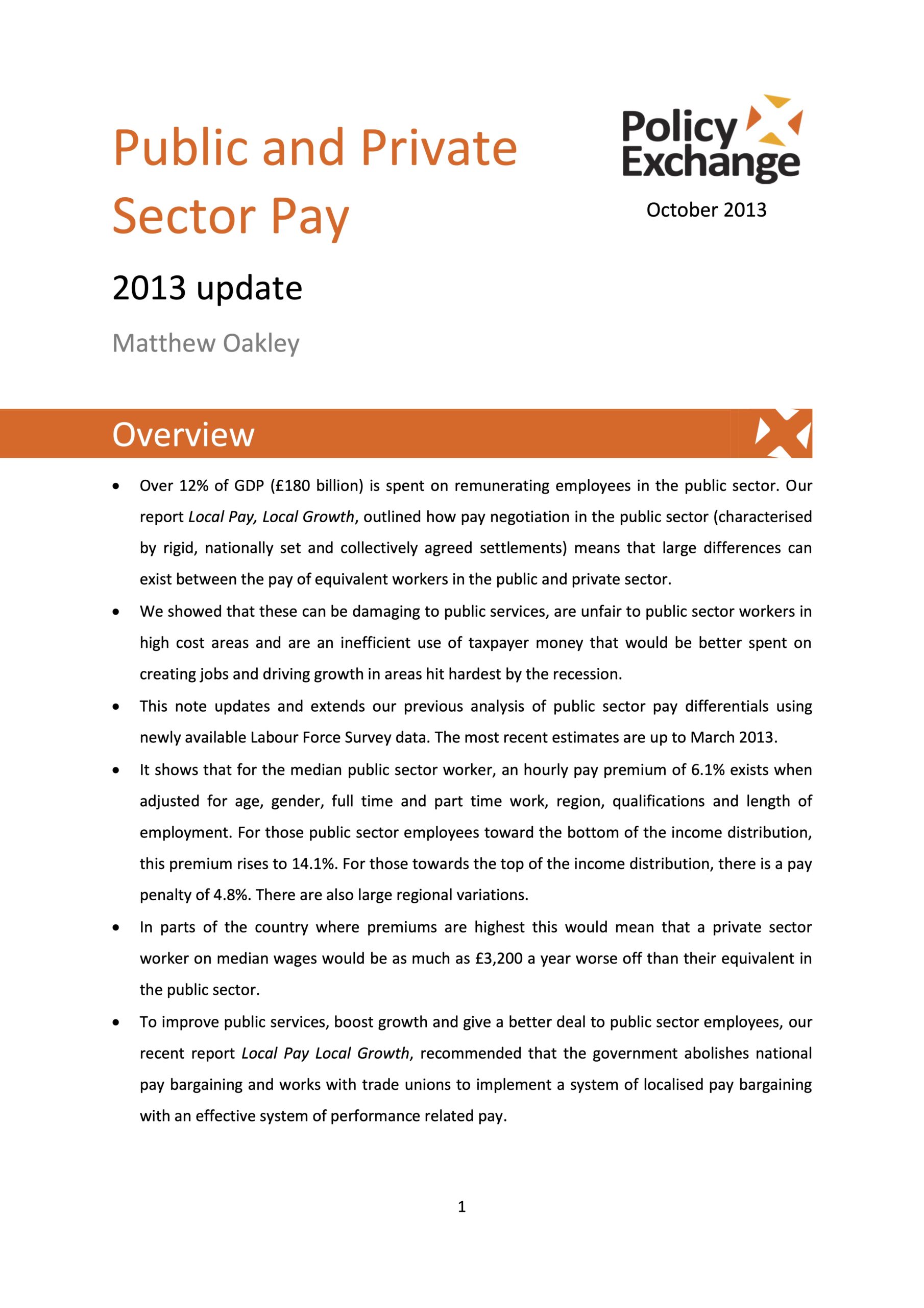 Policy Exchange Public and Private Sector Pay 2013 update