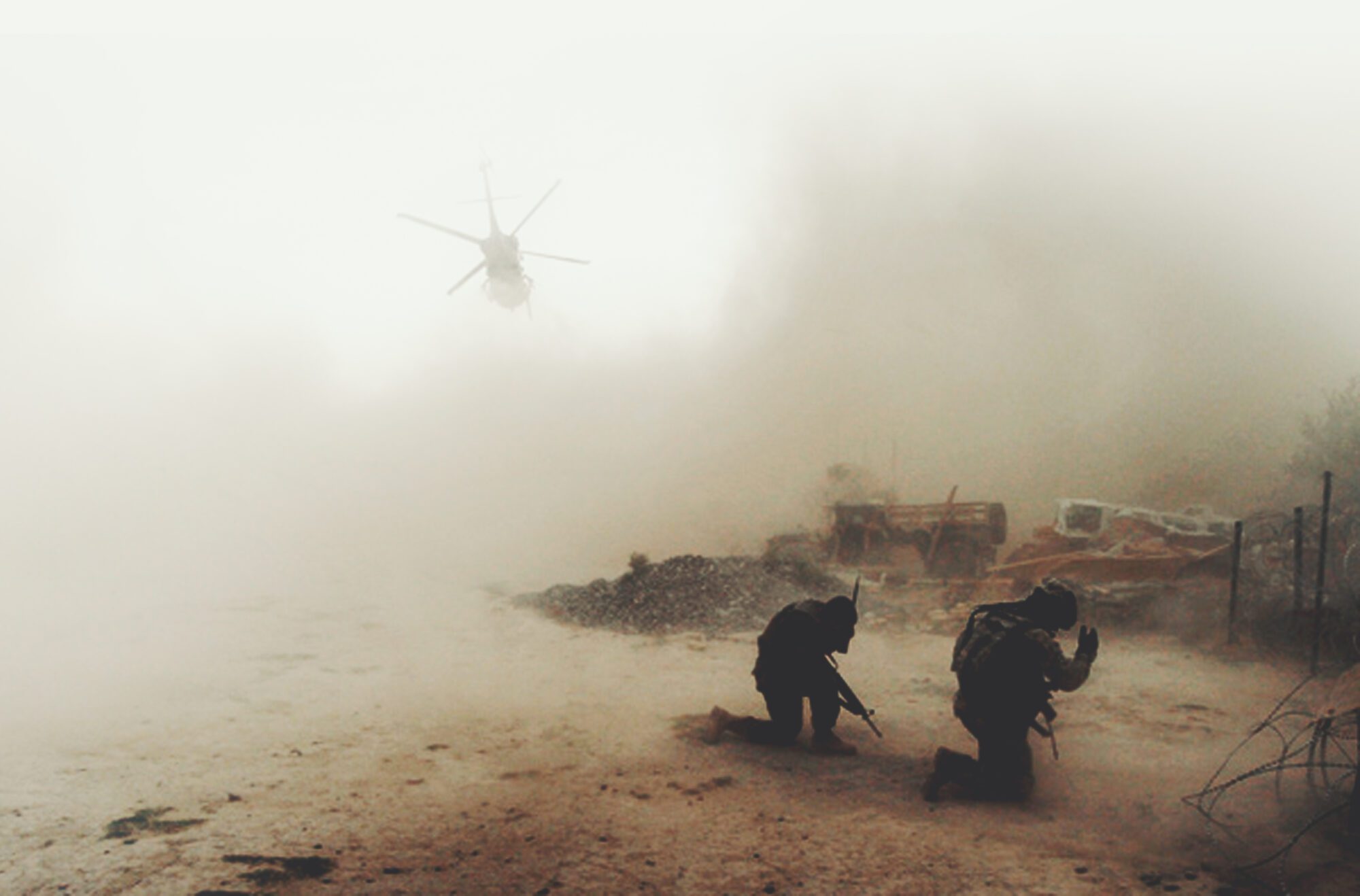 Soldiers and helicopter
