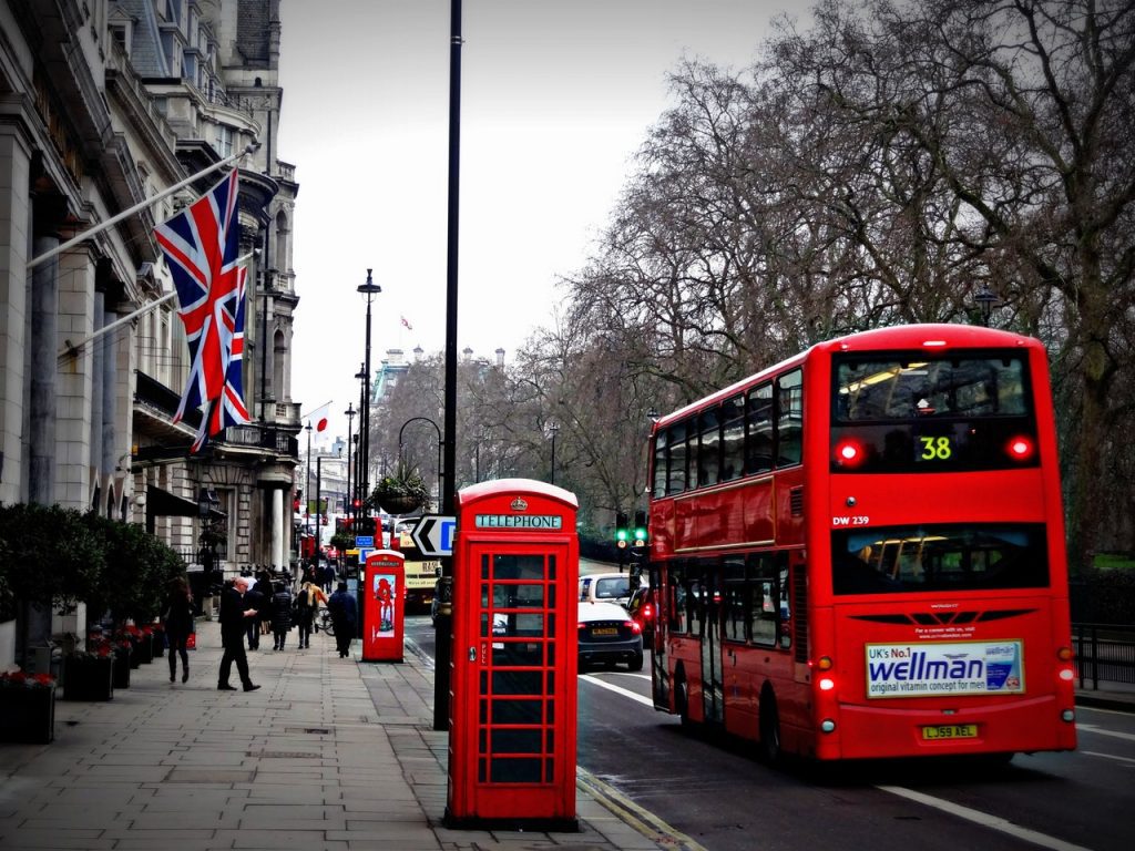 British culture: London bus, red phone box, union flag