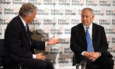 Image ©Licensed to i-Images Picture Agency. 07/06/2018. London, United Kingdom.  Benjamin Netanyahu in conversation with William Shawcross.  Policy Exchange hosts The Prime Minister of Israel Benjamin Netanyahu in conversation with William Shawcross, in central London.  Picture by Andrew Parsons / i-Images